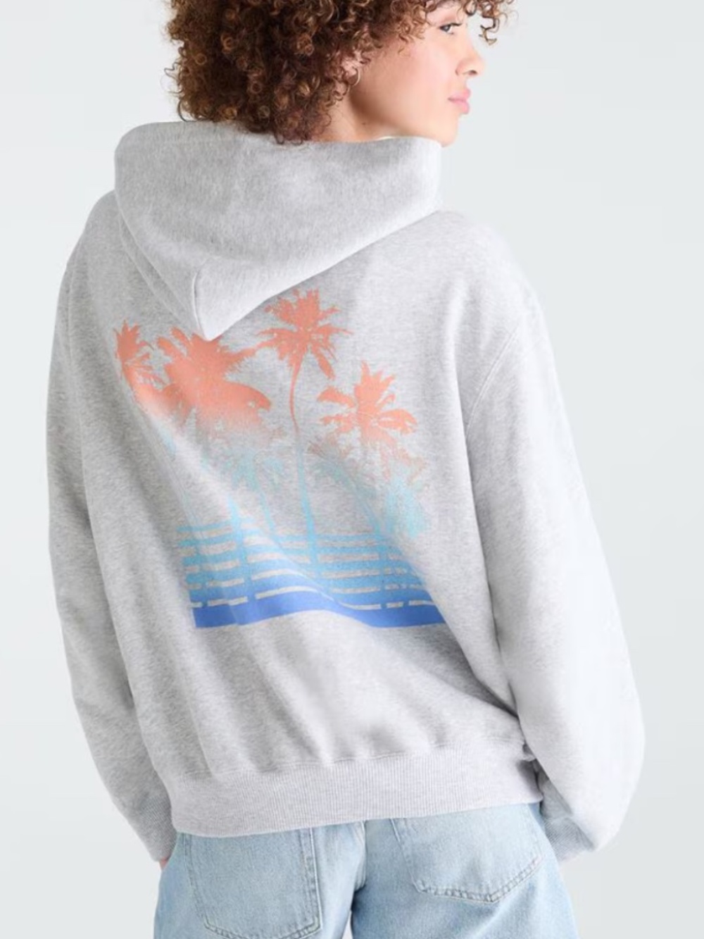 NWT Roxy Oversized Boyfriend Gray Zip Up Hoodie With Palm Trees Graphic Sz xs